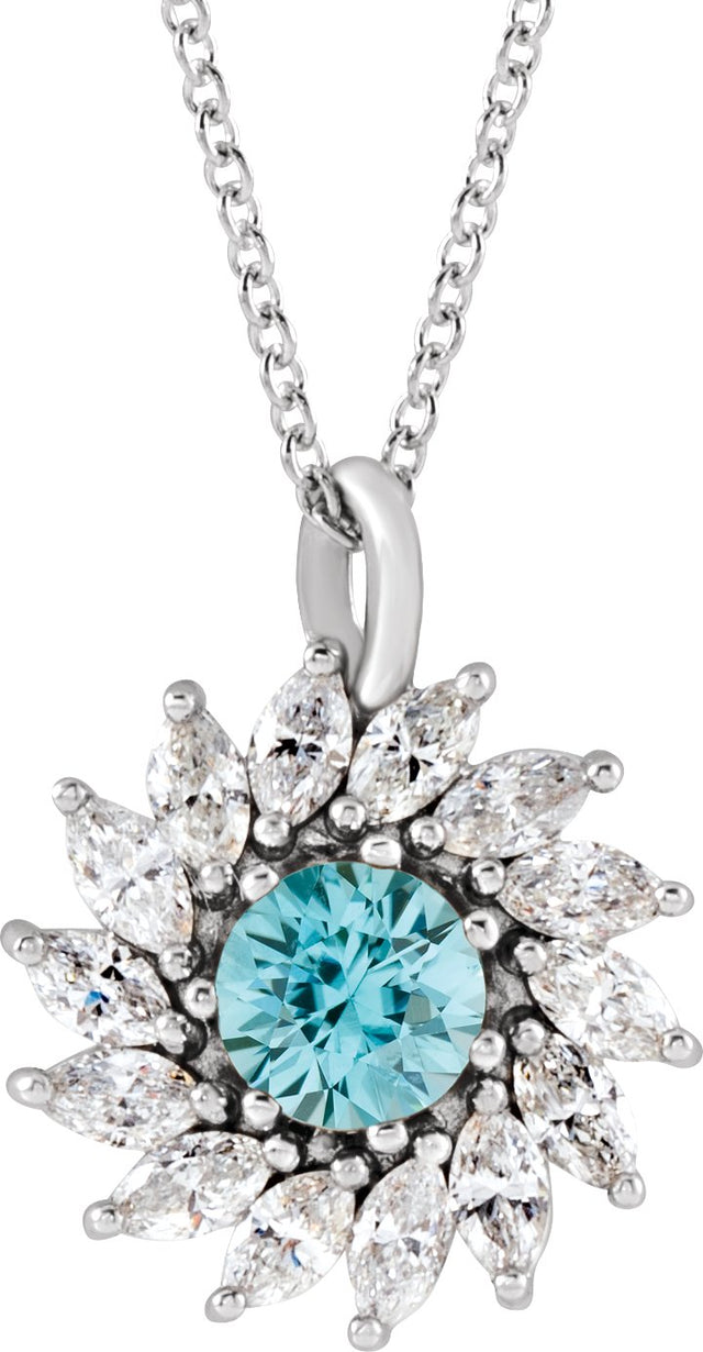 14K Gold Round Natural Blue Zircon & Natural Diamond Halo-Style Necklace or Pendant – 3.5-6mm Stones - White Gold