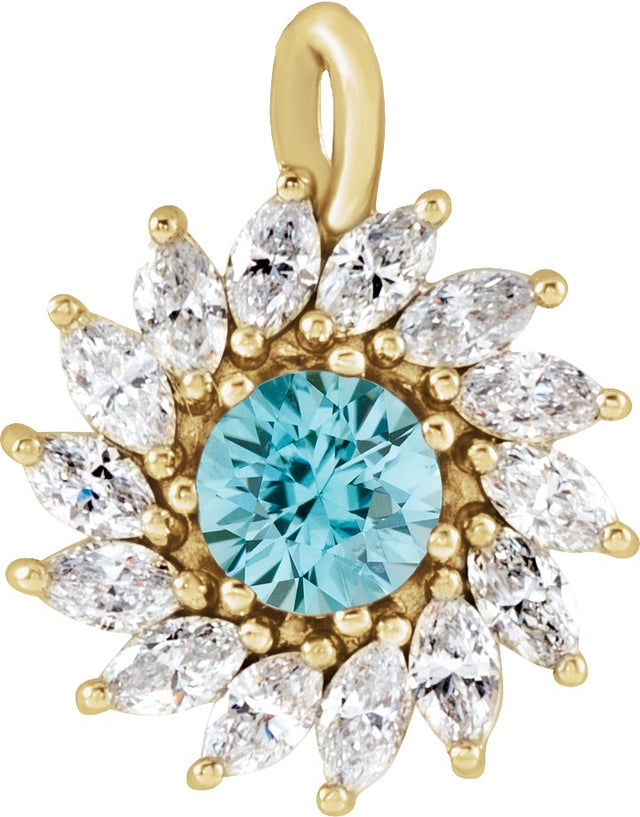 14K Gold Round Natural Blue Zircon & Natural Diamond Halo-Style Necklace or Pendant – 3.5-6mm Stones - Yellow Gold