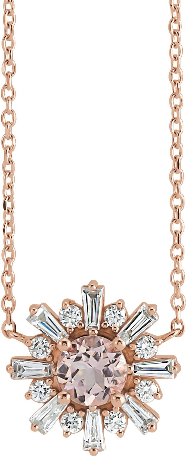 14K Gold Round Natural Pink Morganite & Natural Diamond Starburst Necklace - Rose Gold