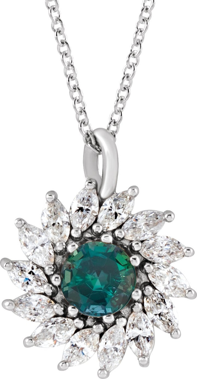 14K Gold Round Lab-Grown Alexandrite & Natural Diamond Halo-Style Necklace or Pendant – 3.5-6mm Stones - White Gold