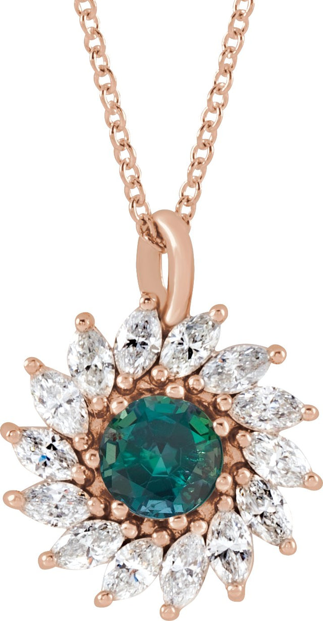 14K Gold Round Lab-Grown Alexandrite & Natural Diamond Halo-Style Necklace or Pendant – 3.5-6mm Stones - Rose Gold