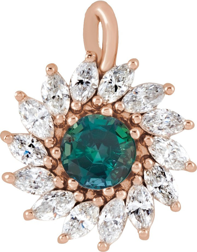 14K Gold Round Lab-Grown Alexandrite & Natural Diamond Halo-Style Necklace or Pendant – 3.5-6mm Stones - Rose Gold