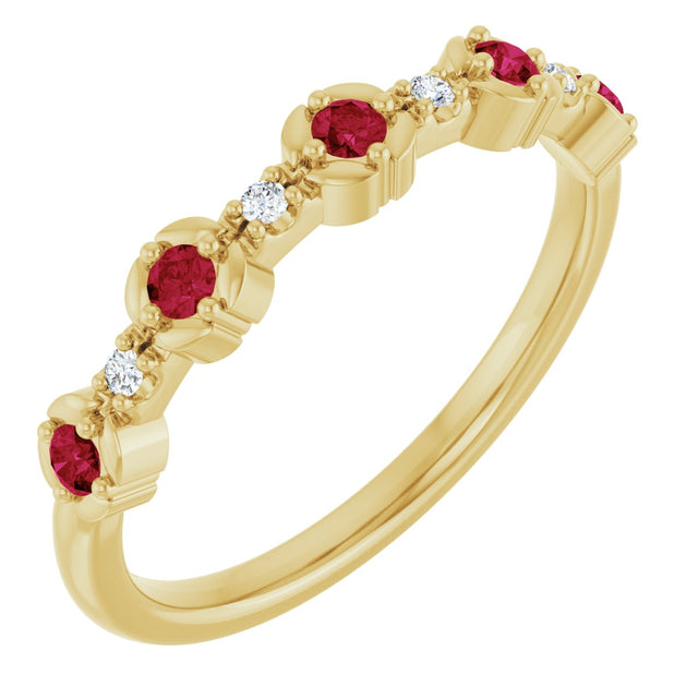 14K Gold Round Natural Ruby & Natural Diamond Stackable Ring – 2mm Stones - Yellow Gold