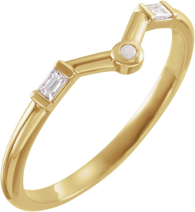 14K Gold Round Natural White Opal & Natural Diamond Accented Cabochon V Ring - Yellow Gold