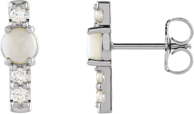 14K Gold Round Natural Ethiopian Opal & Natural Diamond Accented Bar Earrings - White Gold