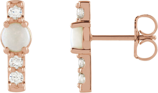 14K Gold Round Natural Ethiopian Opal & Natural Diamond Accented Bar Earrings - Rose Gold