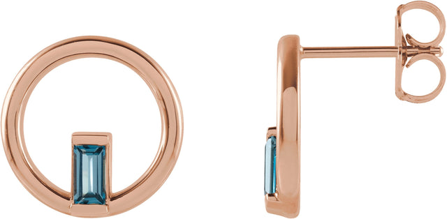 14K Gold Straight Baguette Natural London Blue Topaz Baguette Circle Earrings - Rose Gold