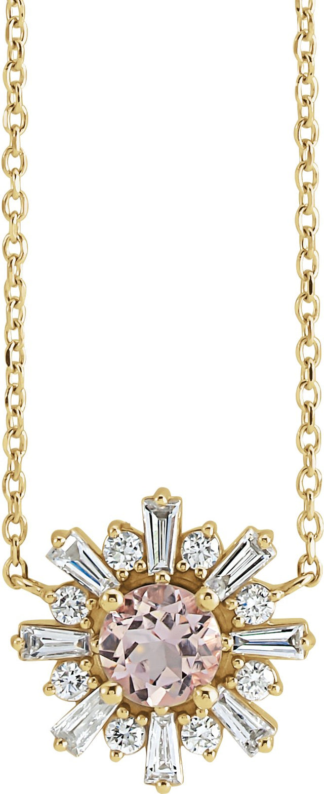 14K Gold Round Natural Pink Morganite & Natural Diamond Starburst Necklace - Yellow Gold