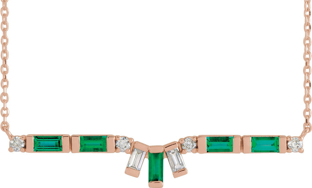 14K Gold Straight Baguette Natural Emerald & Natural Diamond Baguette Bar Necklace - Rose Gold