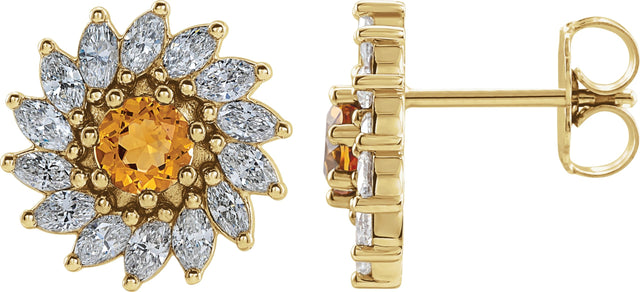 14K Gold Natural Citrine & Natural Diamond Round 7-Prong Halo-Style Earrings - Yellow Gold