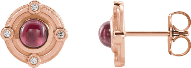 14K Gold Round Natural Rhodolite Garnet & Natural Diamond Accented Cabochon Earrings – 4mm Stones - Rose Gold
