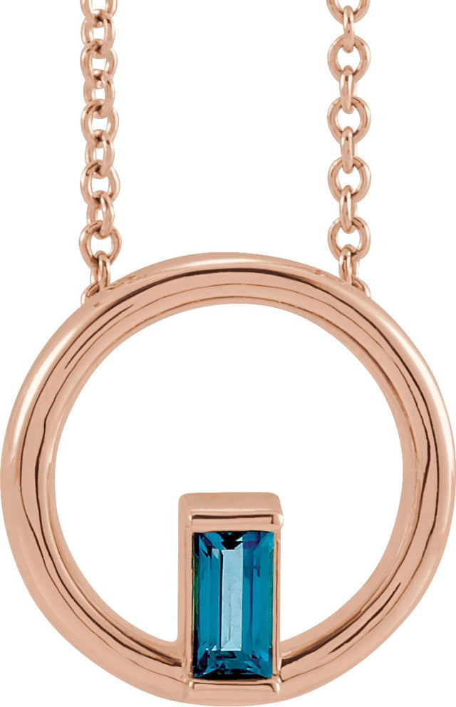 14K Gold Natural London Blue Topaz Straight Baguette Circle Necklace or Pendant - Rose Gold