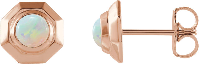 14K Gold Round Natural White Opal Geometric Cabochon Earrings - Rose Gold