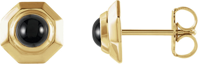 14K Gold Round Natural Black Onyx Geometric Cabochon Earrings - Yellow Gold