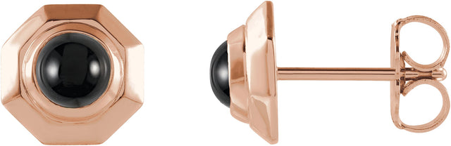 14K Gold Round Natural Black Onyx Geometric Cabochon Earrings - Rose Gold