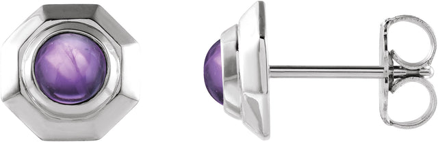 14K Gold Round Natural Amethyst Geometric Cabochon Earrings - White Gold