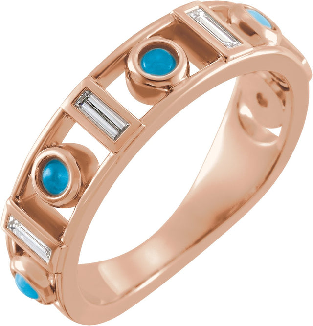 14K Gold Round Natural Turquoise & Natural Diamond Accented Bezel-Set Cabochon Ring - Rose Gold