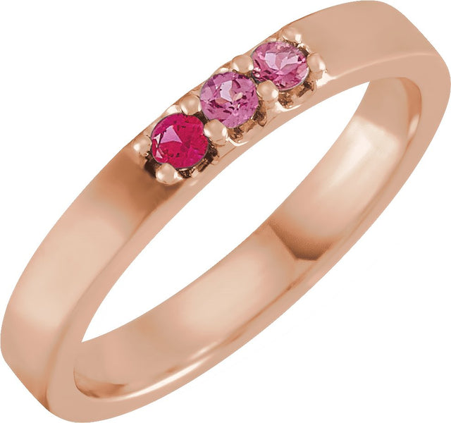 14K Gold Round Natural Pink Multi-Gemstone Three-Stone Midi Ring - Rose Gold