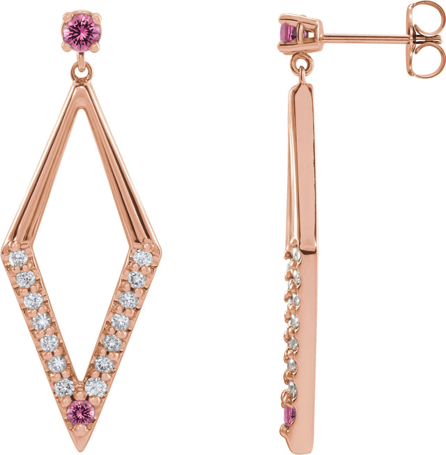 14K Gold Round Natural Pink Sapphire & Natural Diamond Accented Geometric Earrings - Rose Gold