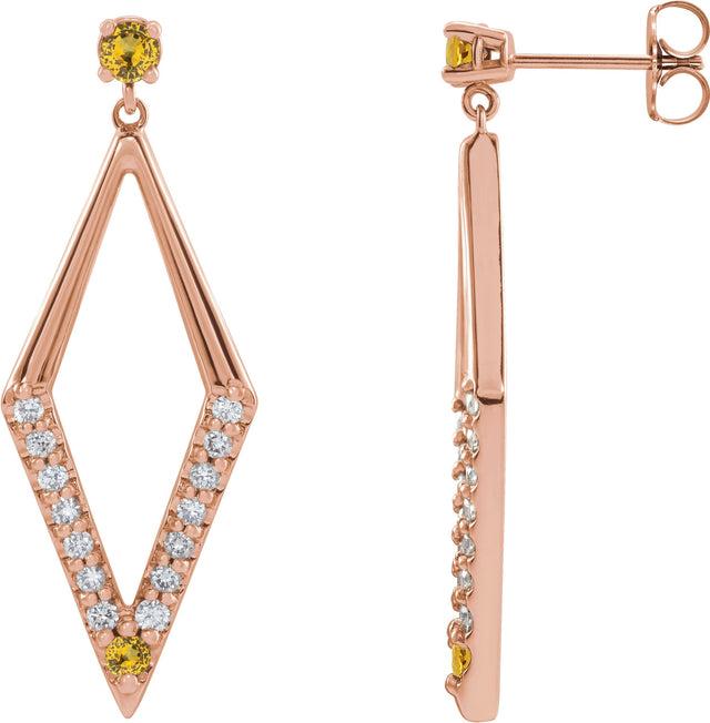 14K Gold Round Natural Yellow Sapphire & Natural Diamond Accented Geometric Earrings - Rose Gold