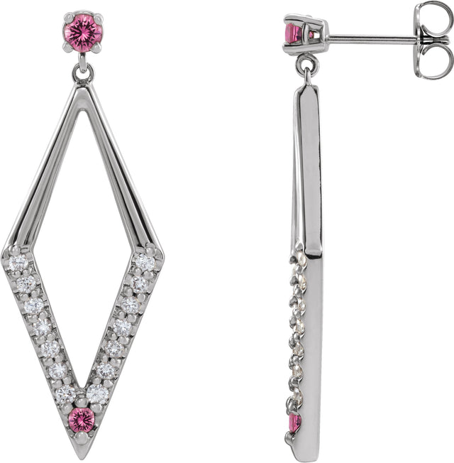 14K Gold Round Natural Pink Sapphire & Natural Diamond Accented Geometric Earrings - White Gold