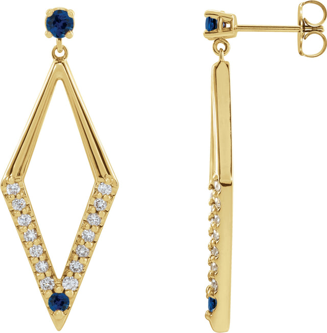 14K Gold Round Natural Blue Sapphire & Natural Diamond Accented Geometric Earrings II - Yellow Gold