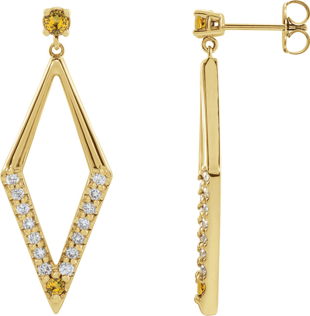 14K Gold Round Natural Yellow Sapphire & Natural Diamond Accented Geometric Earrings - Yellow Gold