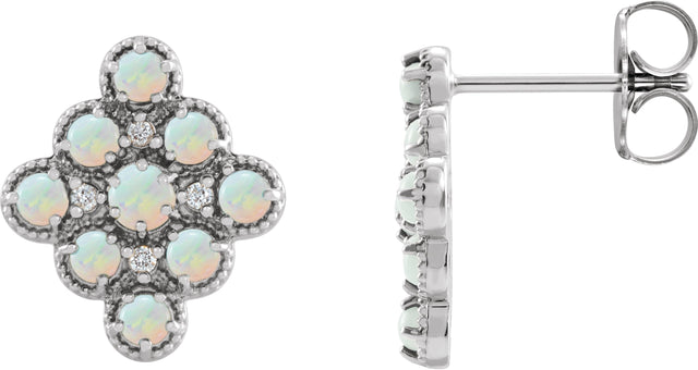 14K Gold Round Natural Ethiopian Opal & Natural Diamond Geometric Cabochon Earrings - White Gold