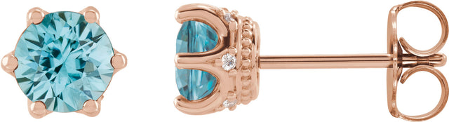 14K Gold Natural Blue Zircon & Natural Diamond Round 6-Prong Accented Crown Stud Earrings - Rose Gold