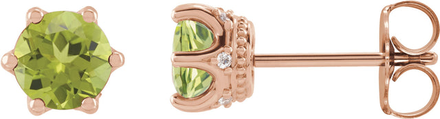 14K Gold Natural Peridot & Natural Diamond Round 6-Prong Accented Crown Stud Earrings - Rose Gold