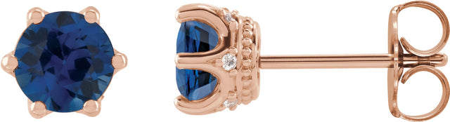 14K Gold Lab-Grown Blue Sapphire & Natural Diamond Round 6-Prong Accented Crown Stud Earrings - Rose Gold
