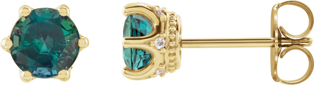 14K Gold Lab-Grown Alexandrite & Natural Diamond Round 6-Prong Accented Crown Stud Earrings - Yellow Gold