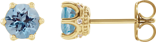 14K Gold Natural Aquamarine & Natural Diamond Round 6-Prong Accented Crown Stud Earrings - Yellow Gold