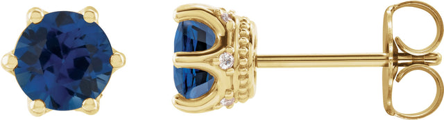 14K Gold Lab-Grown Blue Sapphire & Natural Diamond Round 6-Prong Accented Crown Stud Earrings - Yellow Gold