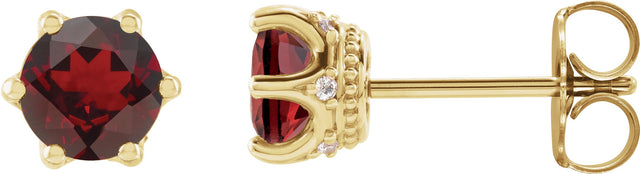 14K Gold Natural Mozambique Garnet & Natural Diamond Round 6-Prong Accented Crown Stud Earrings - Yellow Gold