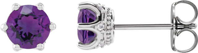 Platinum Natural Amethyst & Natural Diamond Round 6-Prong Accented Crown Stud Earrings