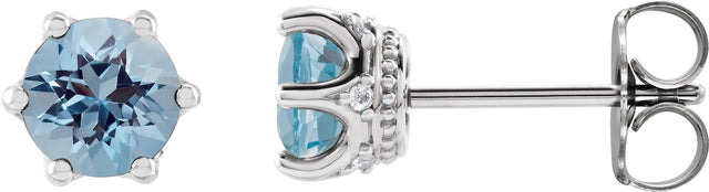 14K Gold Natural Aquamarine & Natural Diamond Round 6-Prong Accented Crown Stud Earrings - White Gold