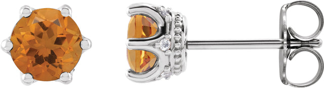 14K Gold Natural Citrine & Natural Diamond Round 6-Prong Accented Crown Stud Earrings - White Gold