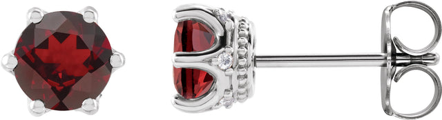 14K Gold Natural Mozambique Garnet & Natural Diamond Round 6-Prong Accented Crown Stud Earrings - White Gold