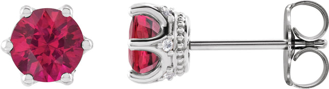 14K Gold Lab-Grown Ruby & Natural Diamond Round 6-Prong Accented Crown Stud Earrings - White Gold