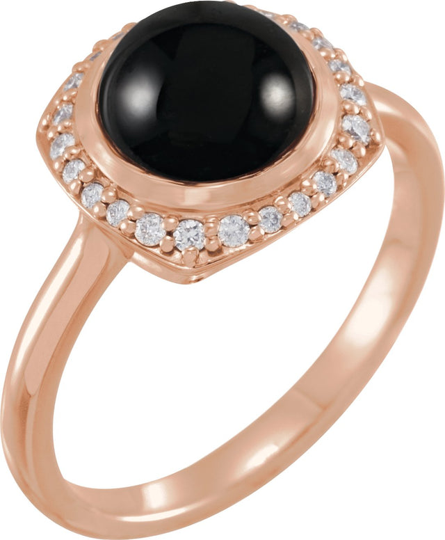 14K Gold Round Natural Black Onyx & Natural Diamond Halo-Style Cabochon Ring - Rose Gold