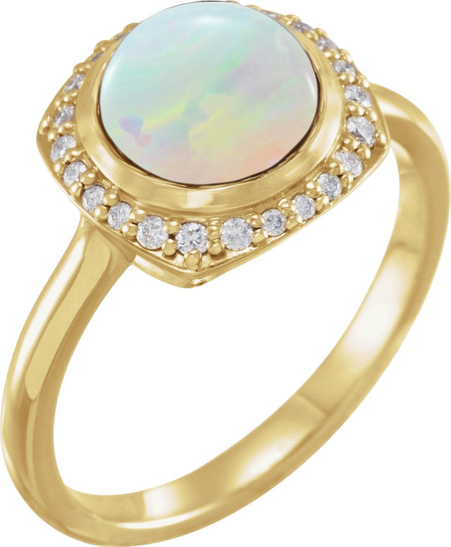 14K Gold Round Natural Ethiopian Opal & Natural Diamond Halo-Style Cabochon Ring - Yellow Gold