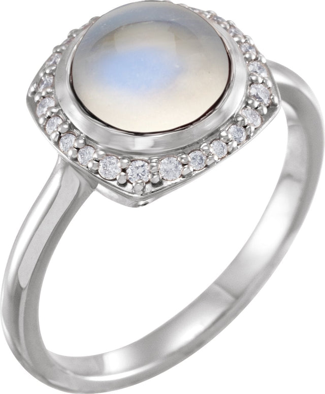 Platinum Round Natural Rainbow Moonstone & Natural Diamond Halo-Style Cabochon Ring