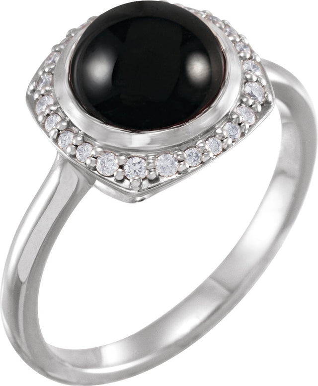 Platinum Round Natural Black Onyx & Natural Diamond Halo-Style Cabochon Ring