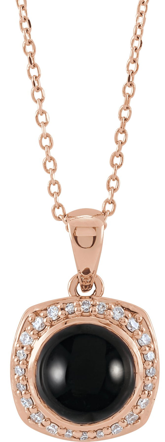 14K Gold Round Natural Black Onyx & Natural Diamond Cabochon Halo-Style Necklace or Pendant - Rose Gold