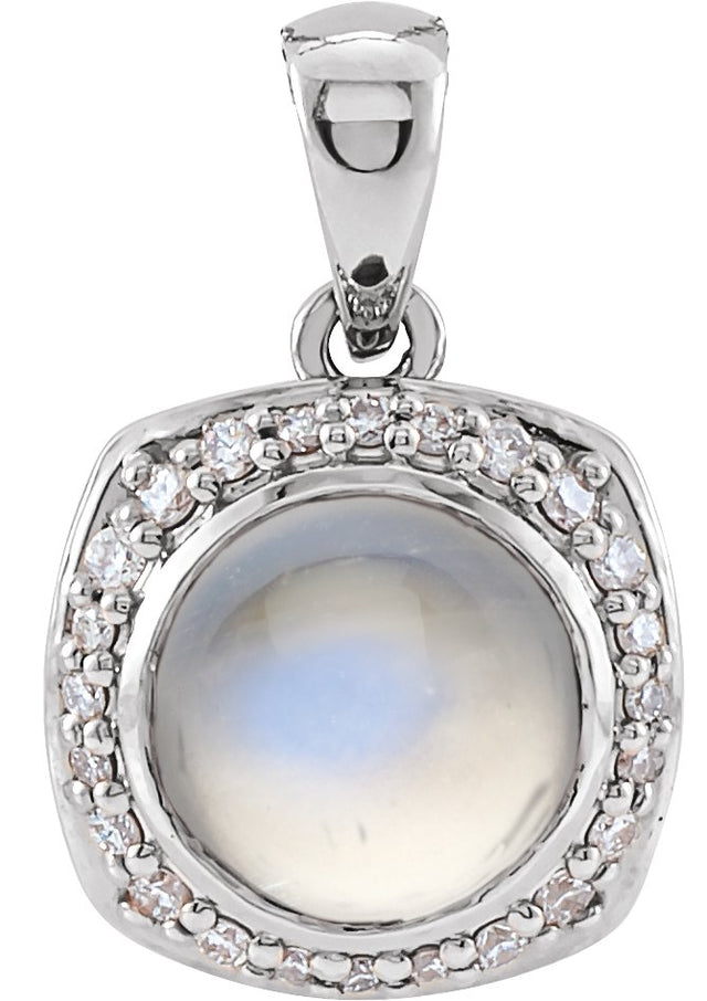 Platinum Round Natural Rainbow Moonstone & Natural Diamond Cabochon Halo-Style Necklace or Pendant