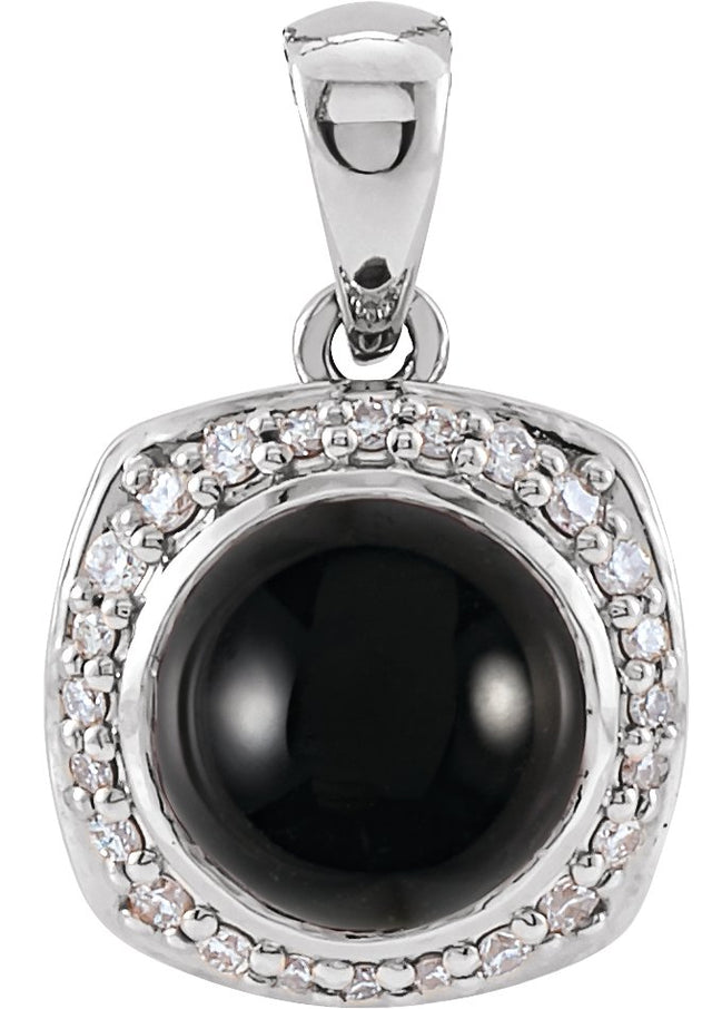 Platinum Round Natural Black Onyx & Natural Diamond Cabochon Halo-Style Necklace or Pendant