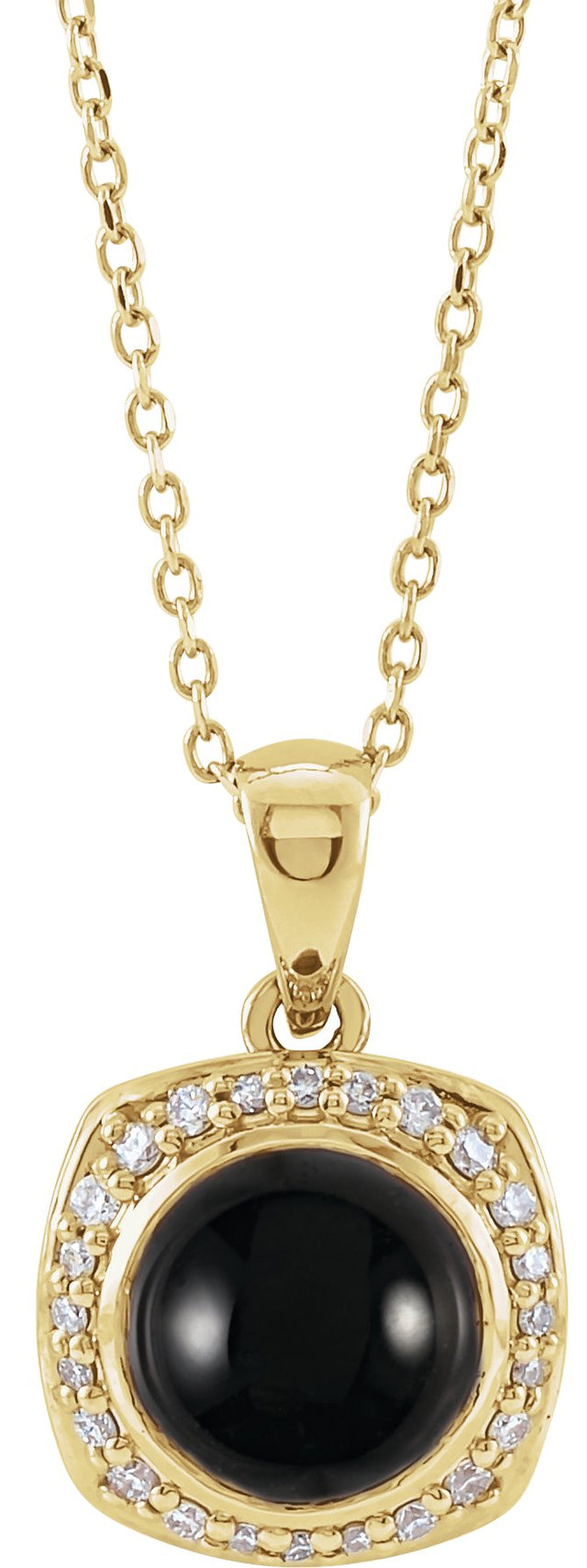 14K Gold Round Natural Black Onyx & Natural Diamond Cabochon Halo-Style Necklace or Pendant - Yellow Gold