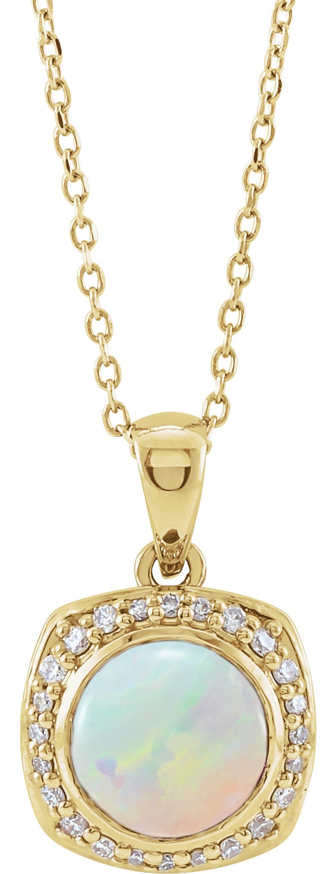 14K Gold Round Natural Ethiopian Opal & Natural Diamond Cabochon Halo-Style Necklace or Pendant - Yellow Gold