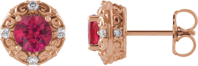 14K Gold Natural Ruby & Natural Diamond Round 4-Prong Halo-Style Earrings - Rose Gold